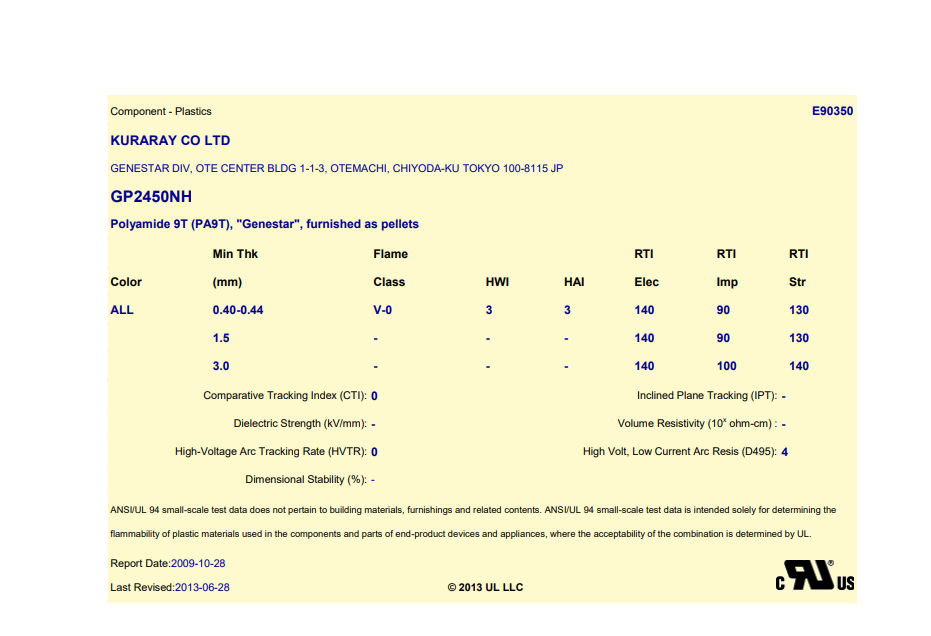 塑料PA9T UL 认证